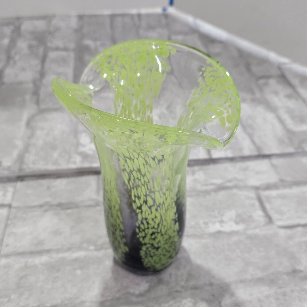 Vintage Teleflora Hand Blown Vase Thick Glass Purple Green Tulip Rim